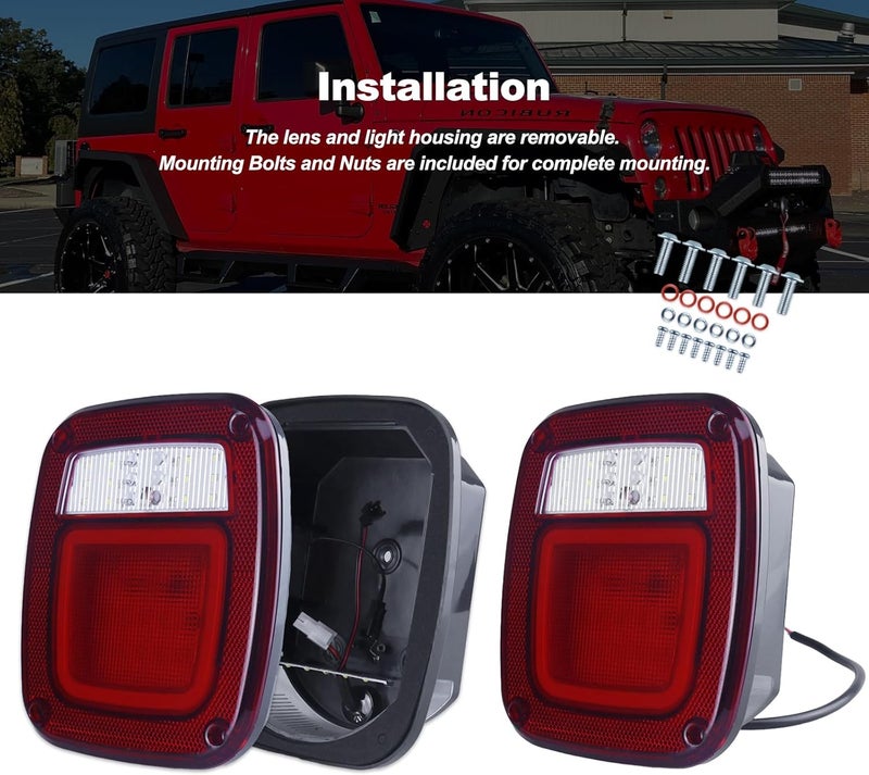 XtraGlow Halo Tail Lights Assembly Square Rear Combination Tail Lamps with Passenger and Driver Side Marker Stop Turn Signal Brake Lights Replacement for 1979-2006 Wrangler TJ YJ CJ5 CJ7 Red, 2Pcs - Image 5